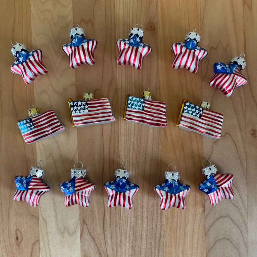 Vintage USA Flag Star Ornament Set of 14 Christmas Holidays Retro Red White Blue